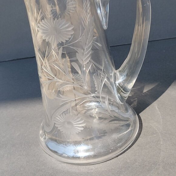 Vintage Clear Etched Glass Pitcher With Floral Design & Handle 9" - Picture 13 of 16